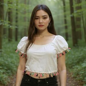 Social Teen White Off Shoulder Tassel Top